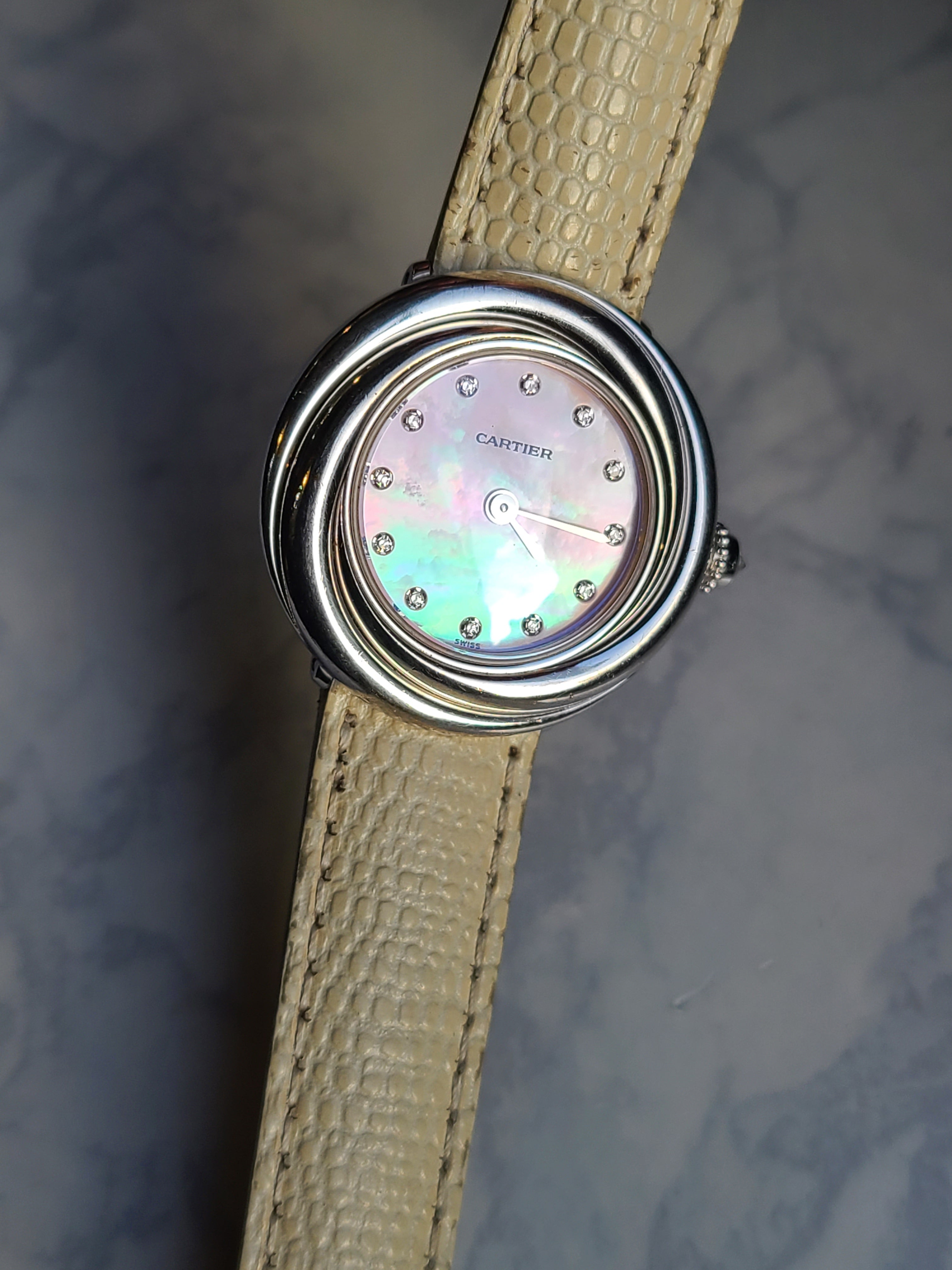 Cartier Trinity Pink Diamonds Dial 18K WG 까르띠에 루이 트리니티 12P 다이아 핑크자개 18K 화이트골드 금통 한정판 SM