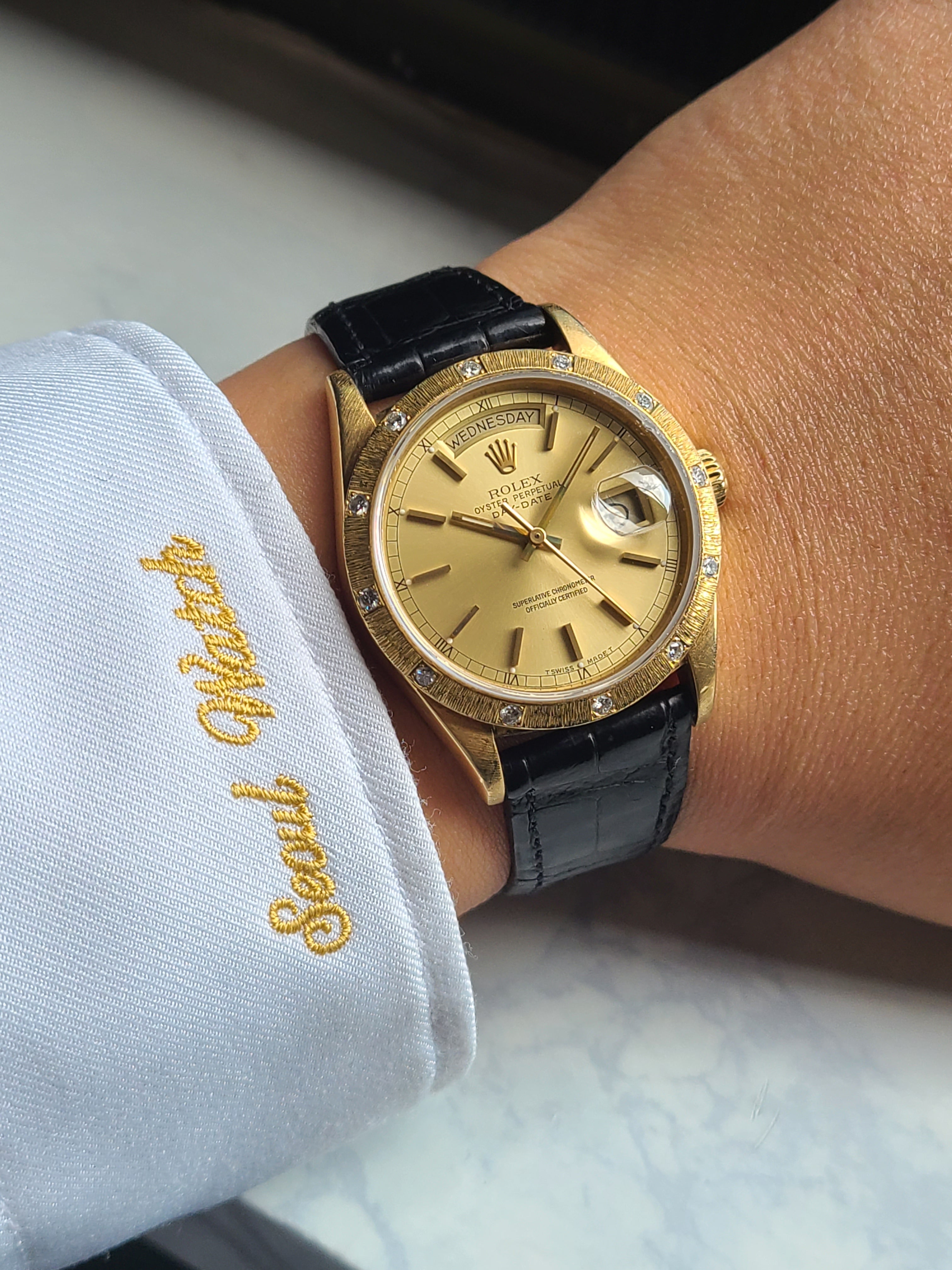 Rolex Date-Date President Black 18108 롤렉스 데이데이트 36 프레지던트 바크 12P 다이아몬드 베젤 18K 금통 가죽 소장용