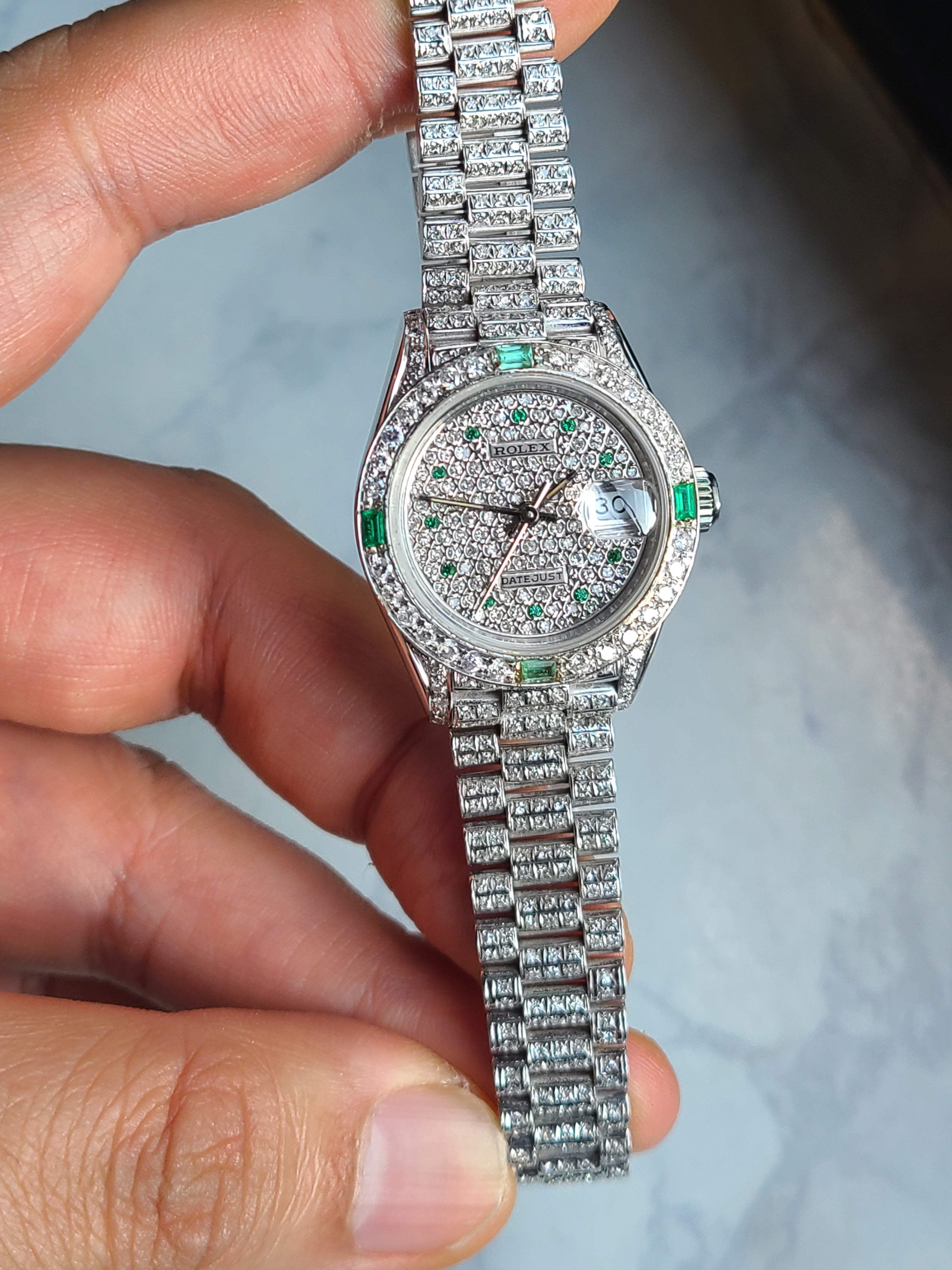 Rolex Datejust 18K WG Solid Gold Women's 롤렉스 여성용 데이저스트 화이트골드 금통 풀다이아몬드 에메랄드