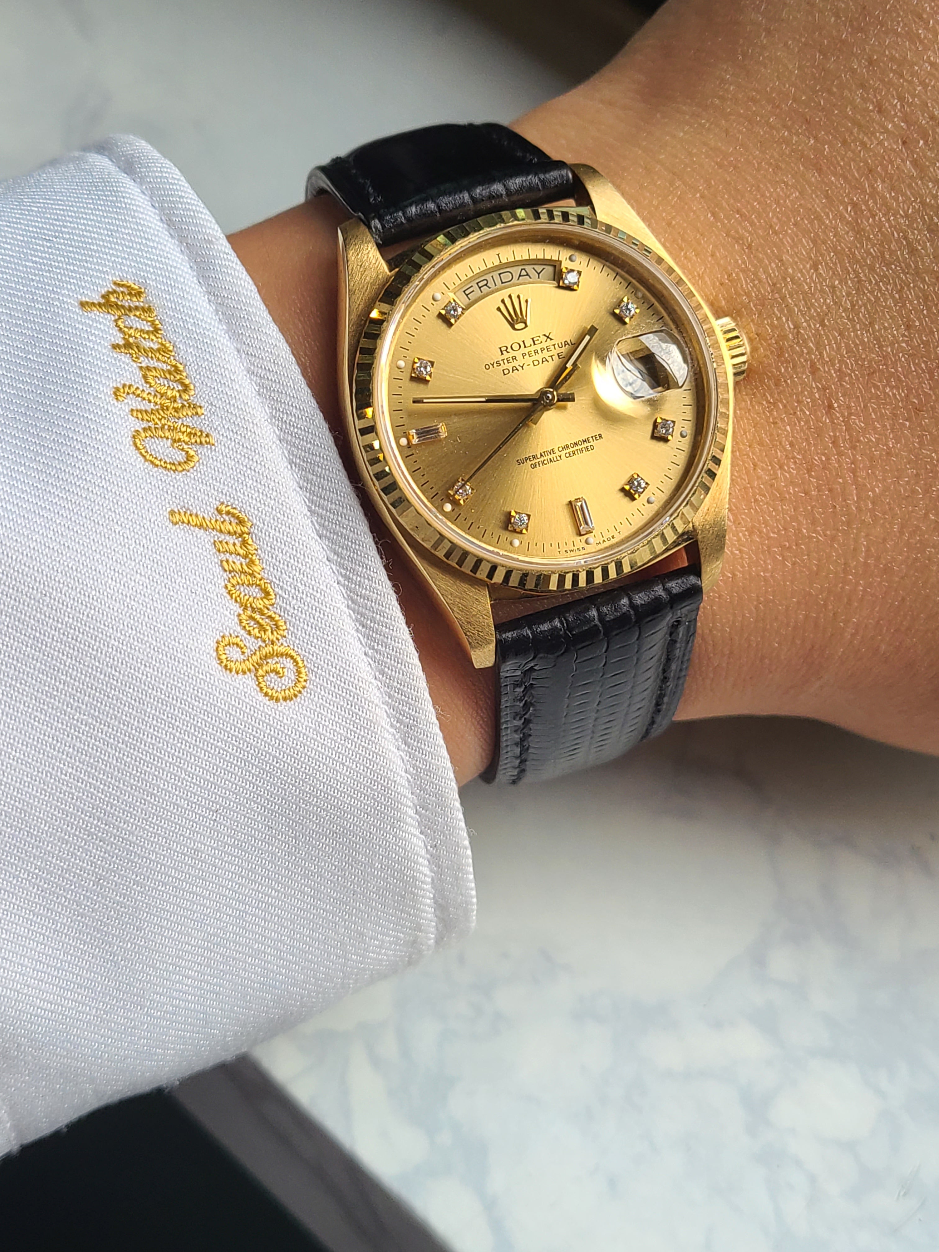 Rolex Date-Date President Black 18038 롤렉스 데이데이트 36 프레지던트 바게트 다이아몬드 18K 금통 가죽 소장용