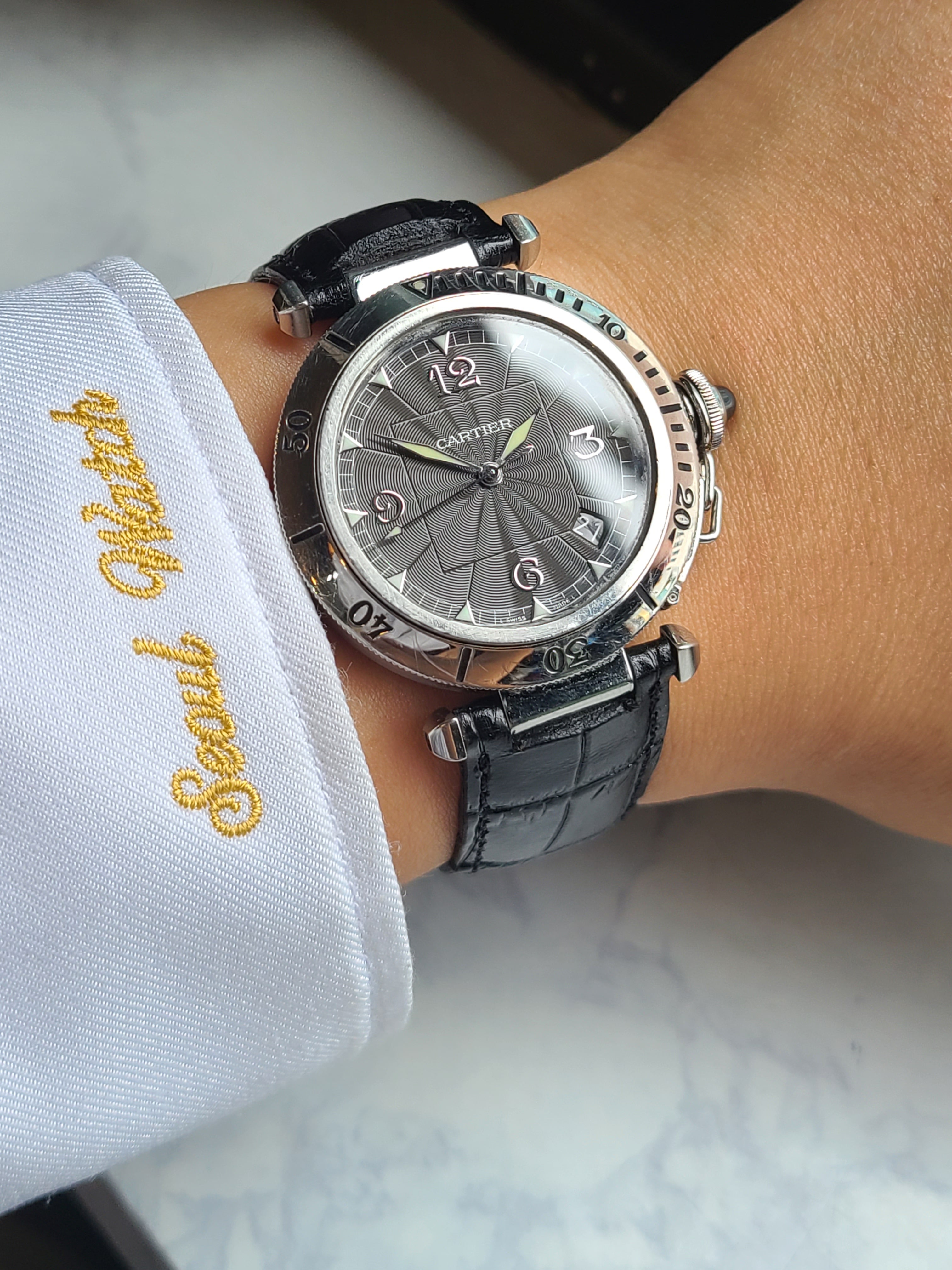 Cartier Pasha Grey Diver Watch 까르띠에 파샤 그레이 기요쉐 다이얼 스켈레톤 백 남성용 38