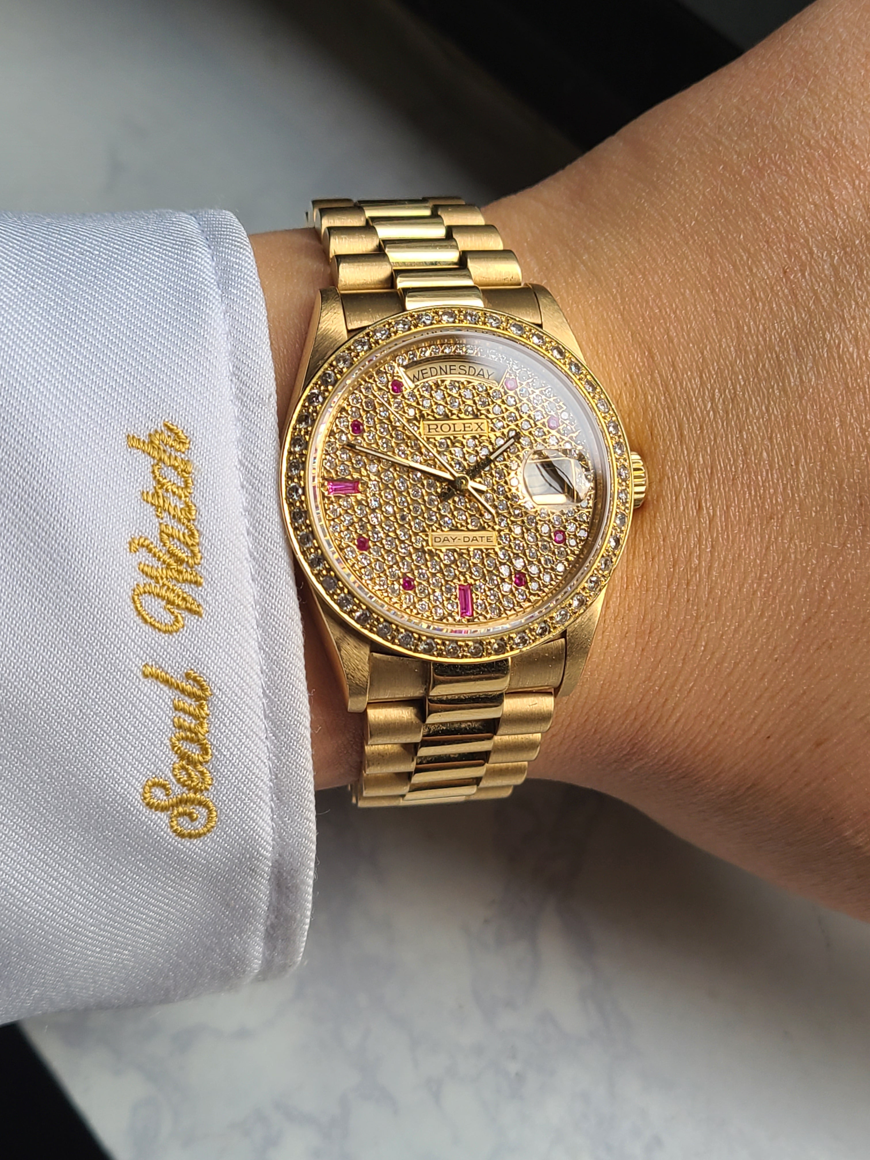 Rolex Date-Date President Diamonds Ruby 18038 롤렉스 데이데이트 파베 다이아몬드 다이얼 10P 루비 18K 금통
