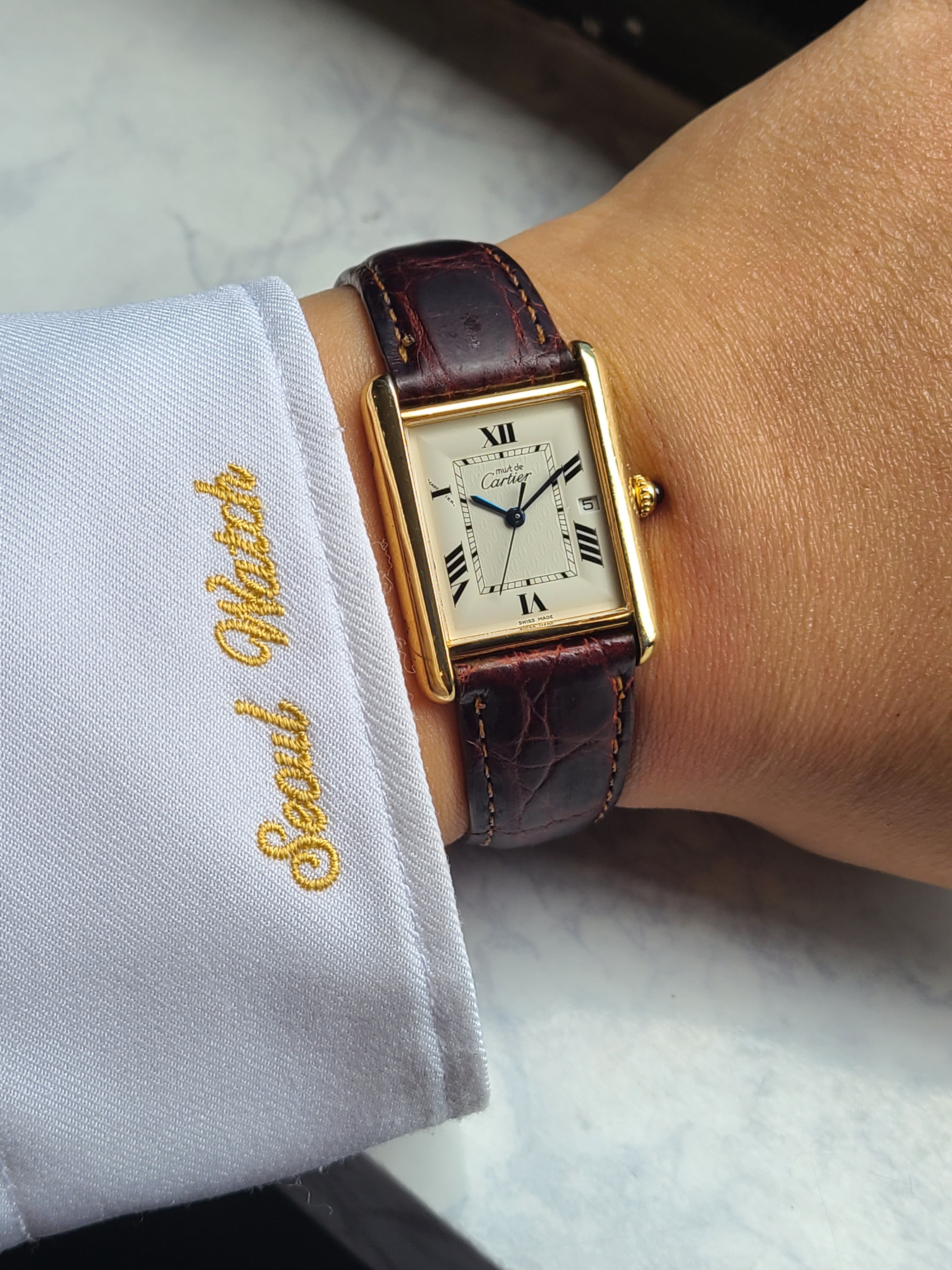 Cariter Must Tank Ivory Black Roman Dial XL 까르띠에 머스트탱크 XL 블랙로만 금장 디버클 블랙가죽