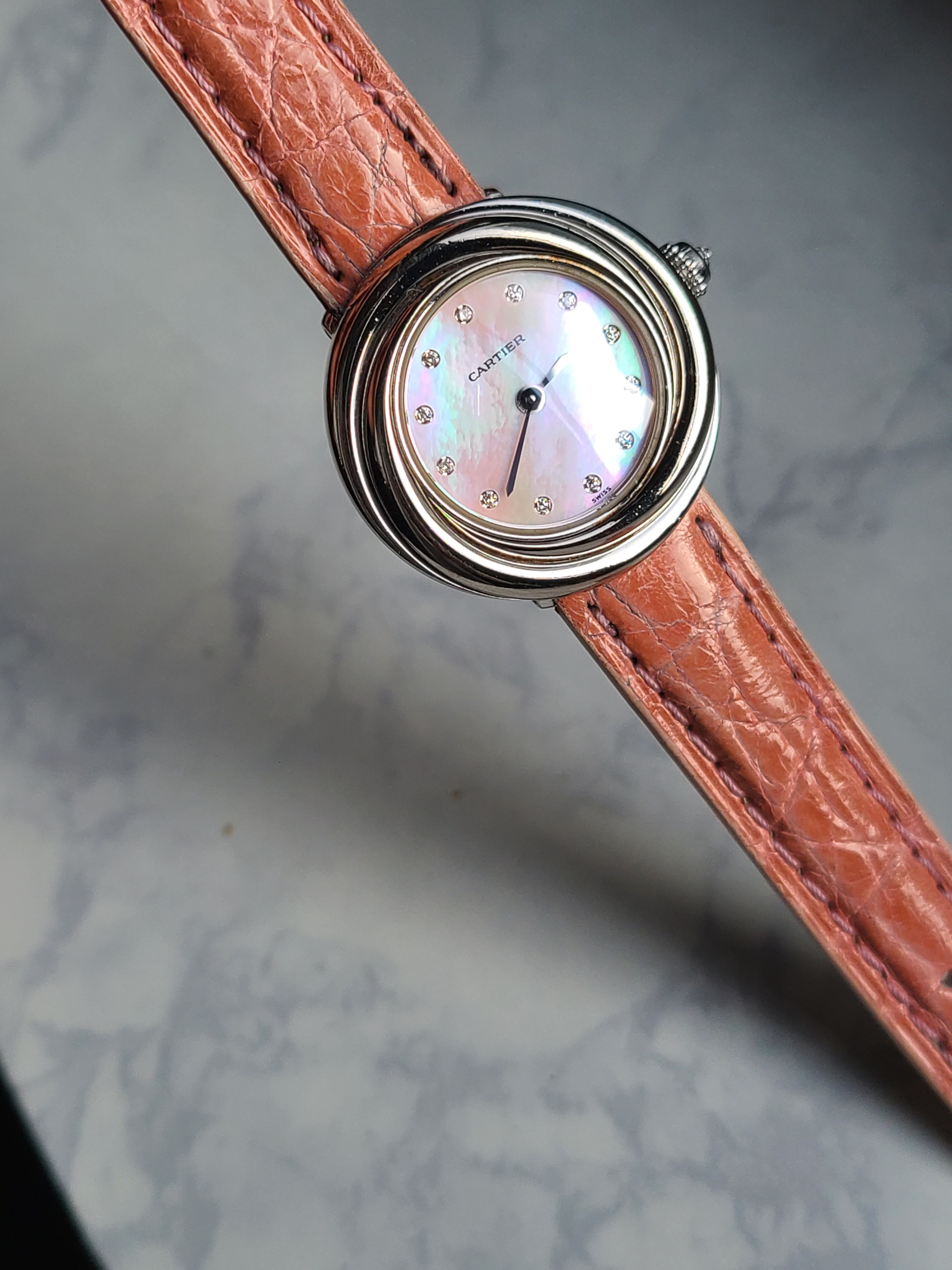 Cartier Trinity Pink Diamonds Dial 18K WG 까르띠에 루이 트리니티 12P 다이아 핑크자개 18K 화이트골드 금통 한정판 SM