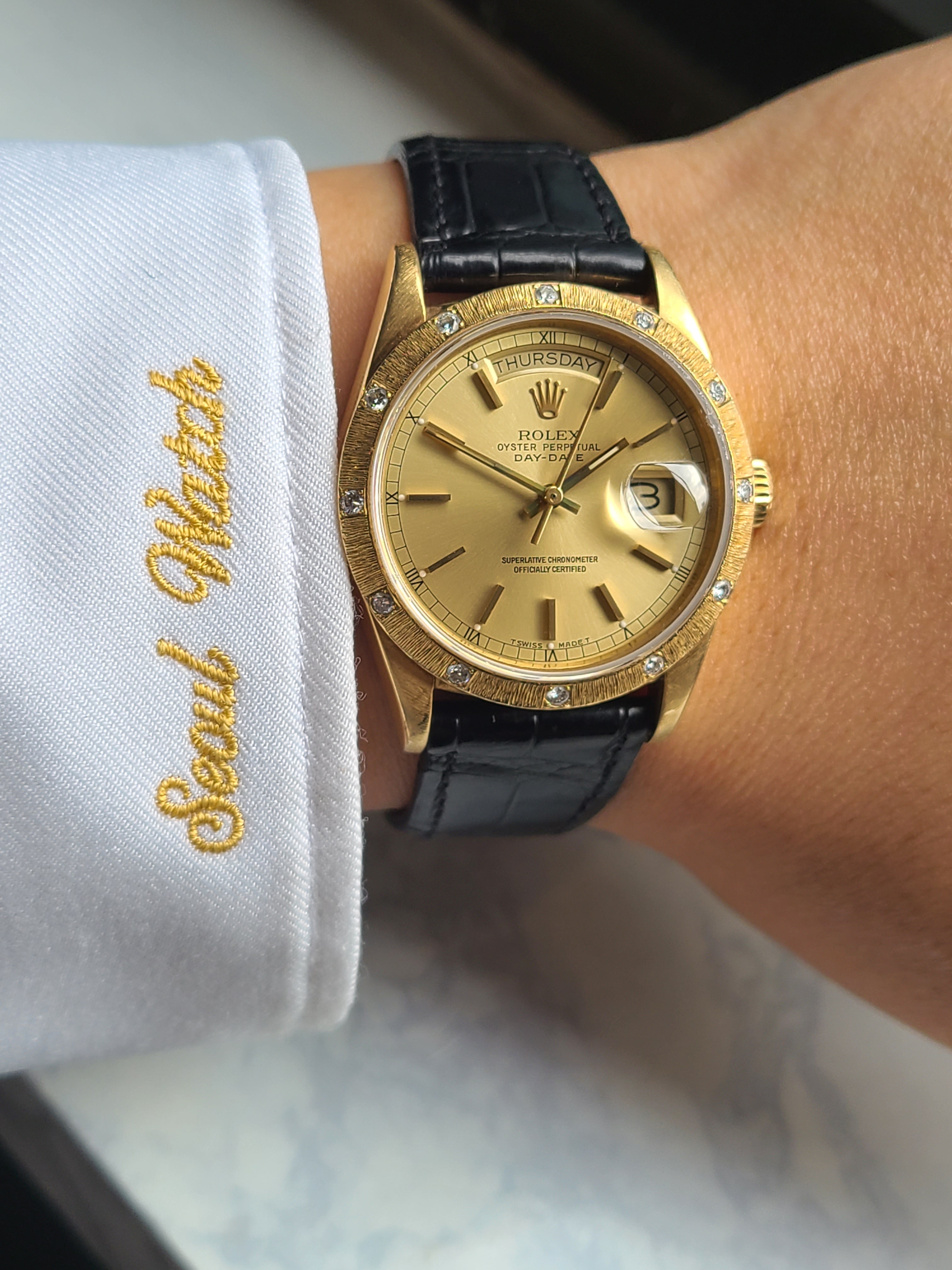 Rolex Date-Date President Black 18108 롤렉스 데이데이트 36 프레지던트 바크 12P 다이아몬드 베젤 18K 금통 가죽 소장용