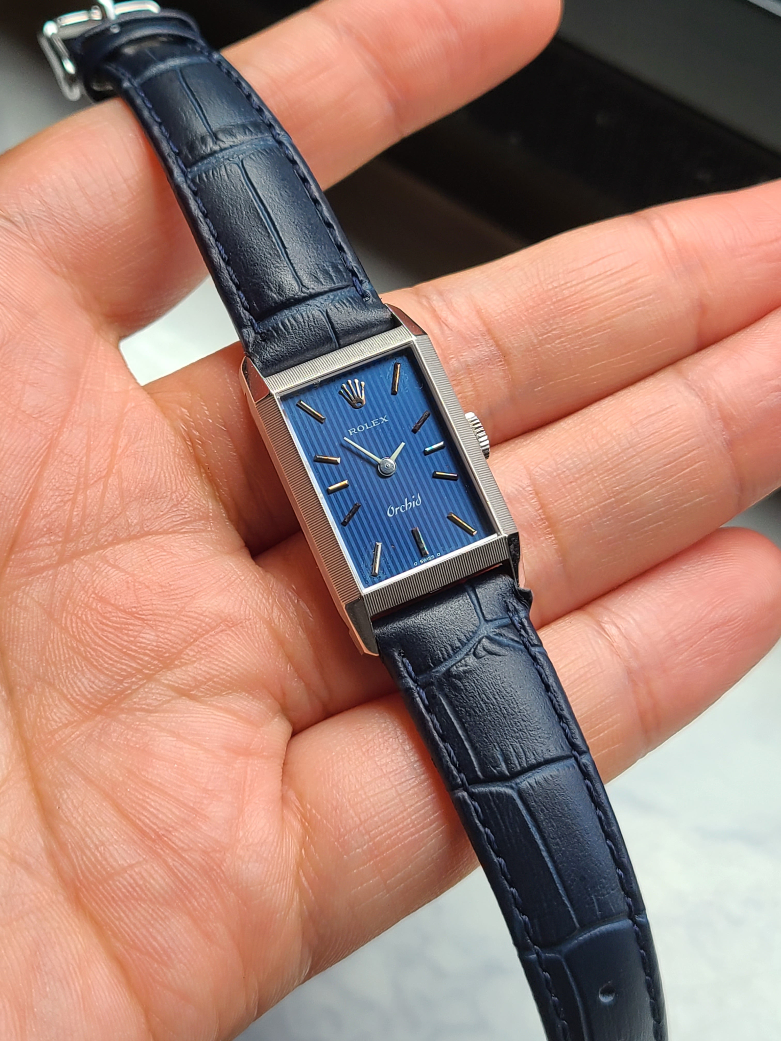 Rolex Cellini Orchid Blue Dial 18K Solid Gold Vintage 롤렉스 여성용 셀리니 오키드 탱크 블루 18K 화이트골드 금통 빈티지