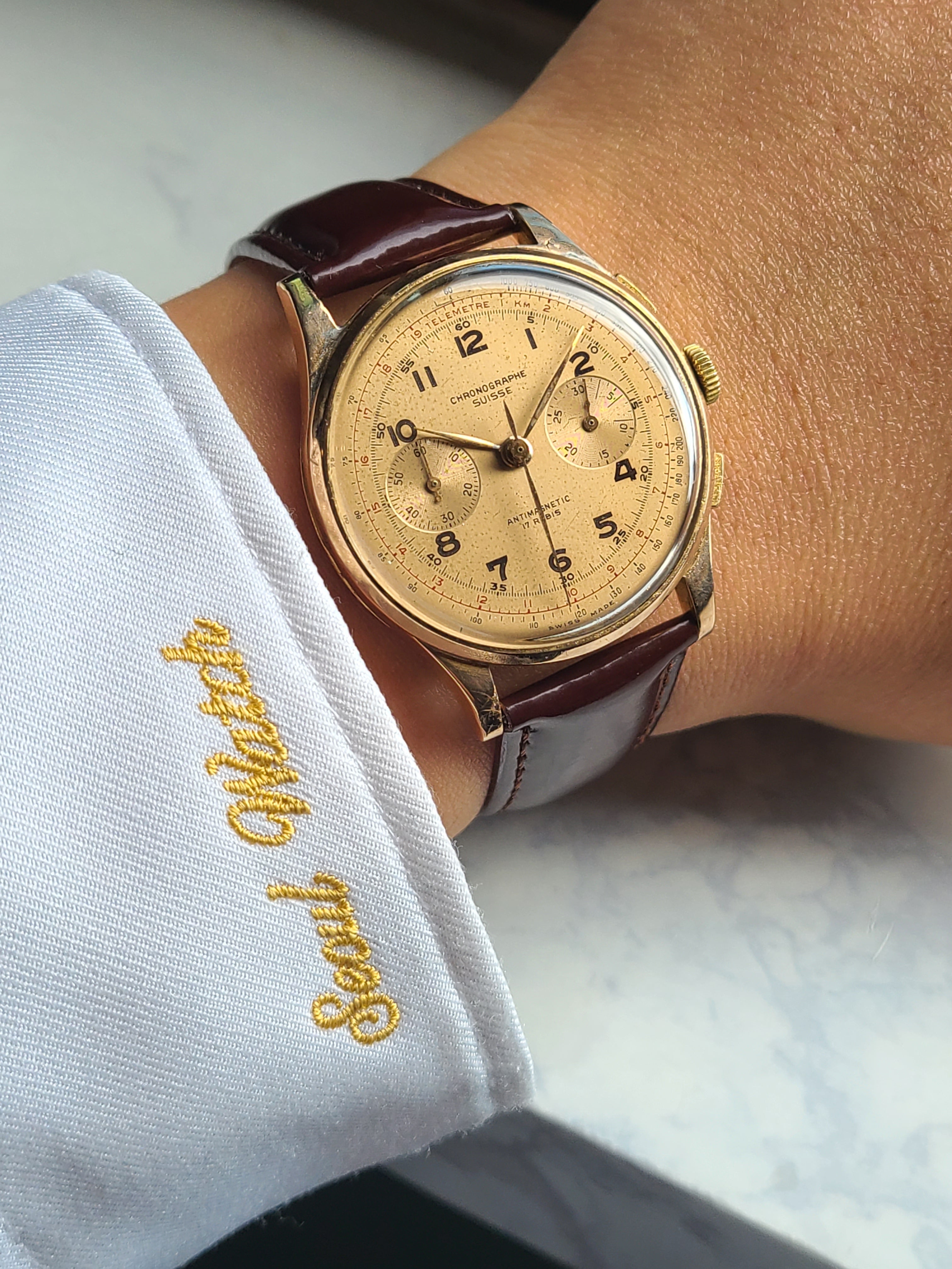 Chronographe Suisse Chronograph 18K 크로노그래프 스위스 부엉이 골드 아라빅 18K 옐로우골드 금통 빈티지