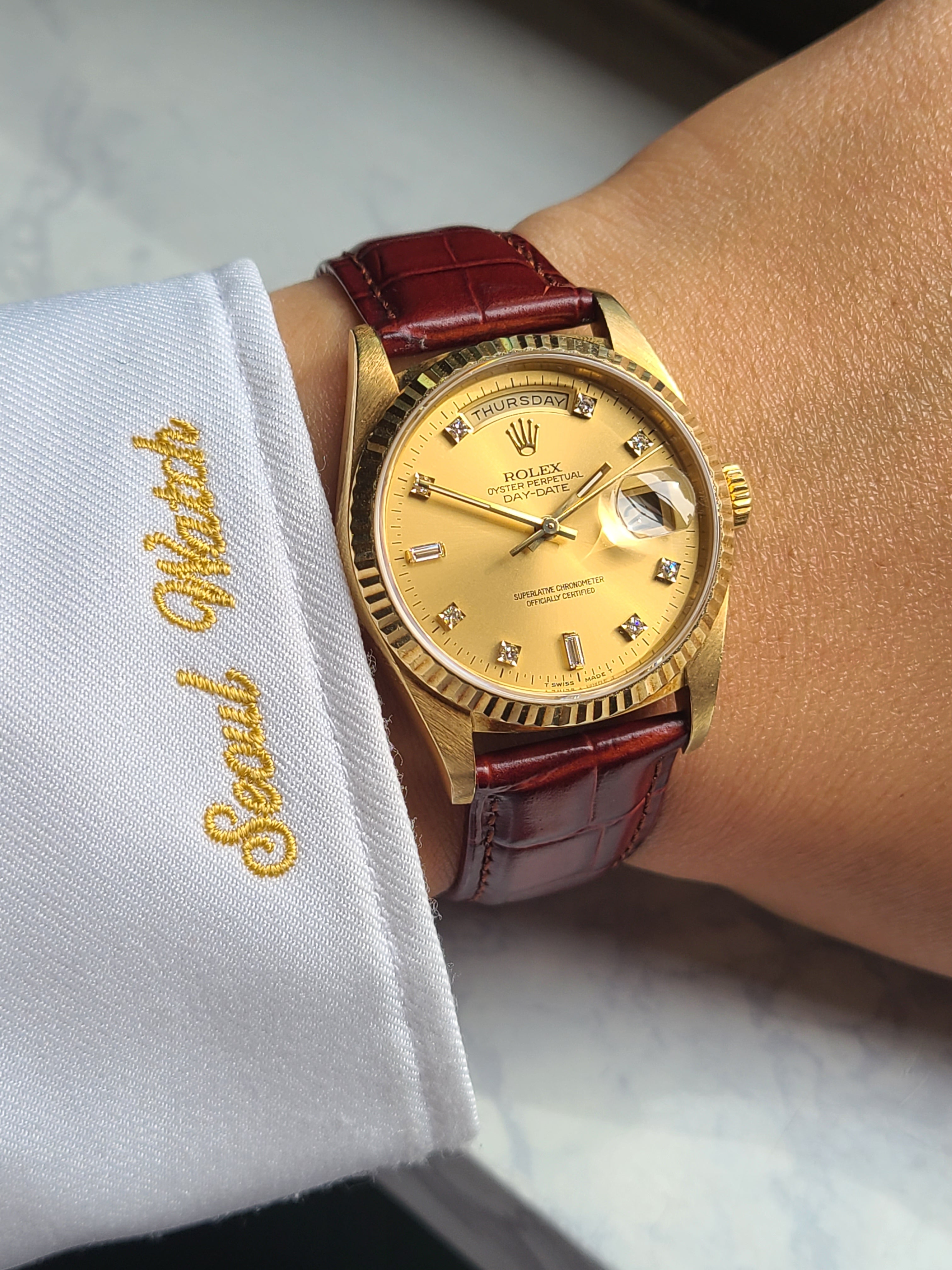 Rolex Date-Date President Black 18238 롤렉스 데이데이트 36 프레지던트 바게트 다이아몬드 18K 금통 가죽 미사용급 소장용