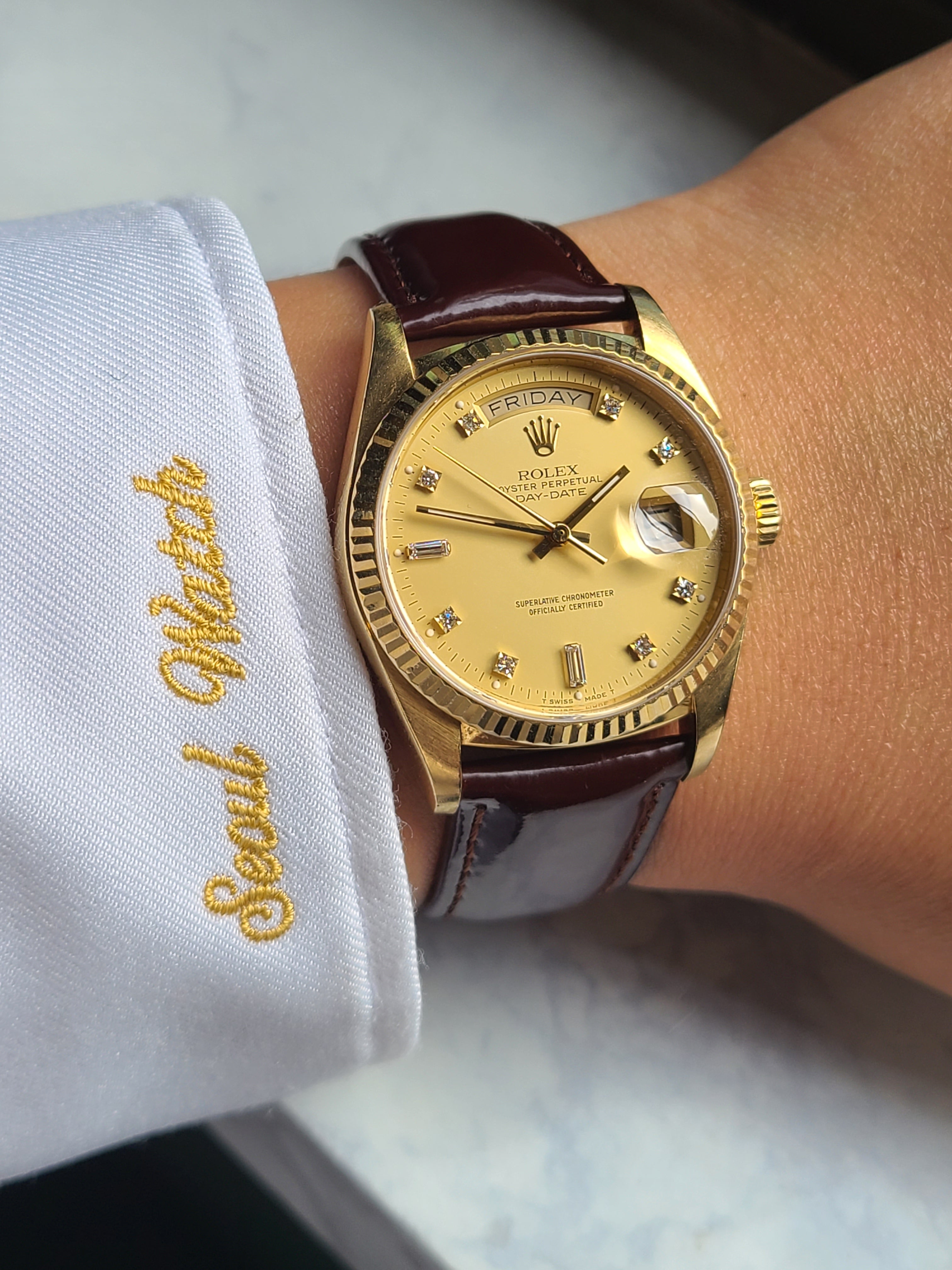 Rolex Date-Date President Black 18038 롤렉스 데이데이트 36 프레지던트 바게트 다이아몬드 18K 금통 가죽 미사용급 소장용