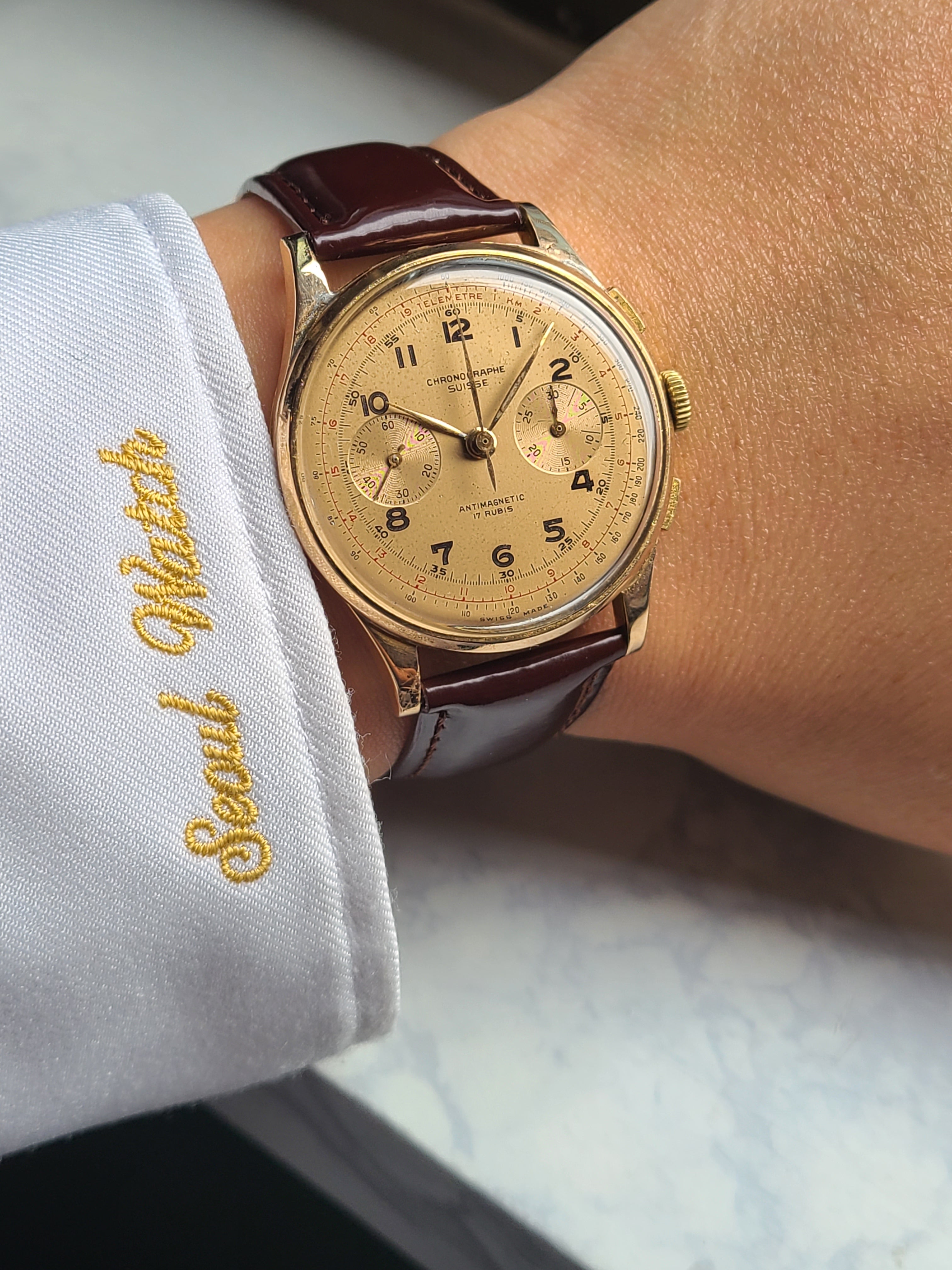 Chronographe Suisse Chronograph 18K 크로노그래프 스위스 부엉이 골드 아라빅 18K 옐로우골드 금통 빈티지