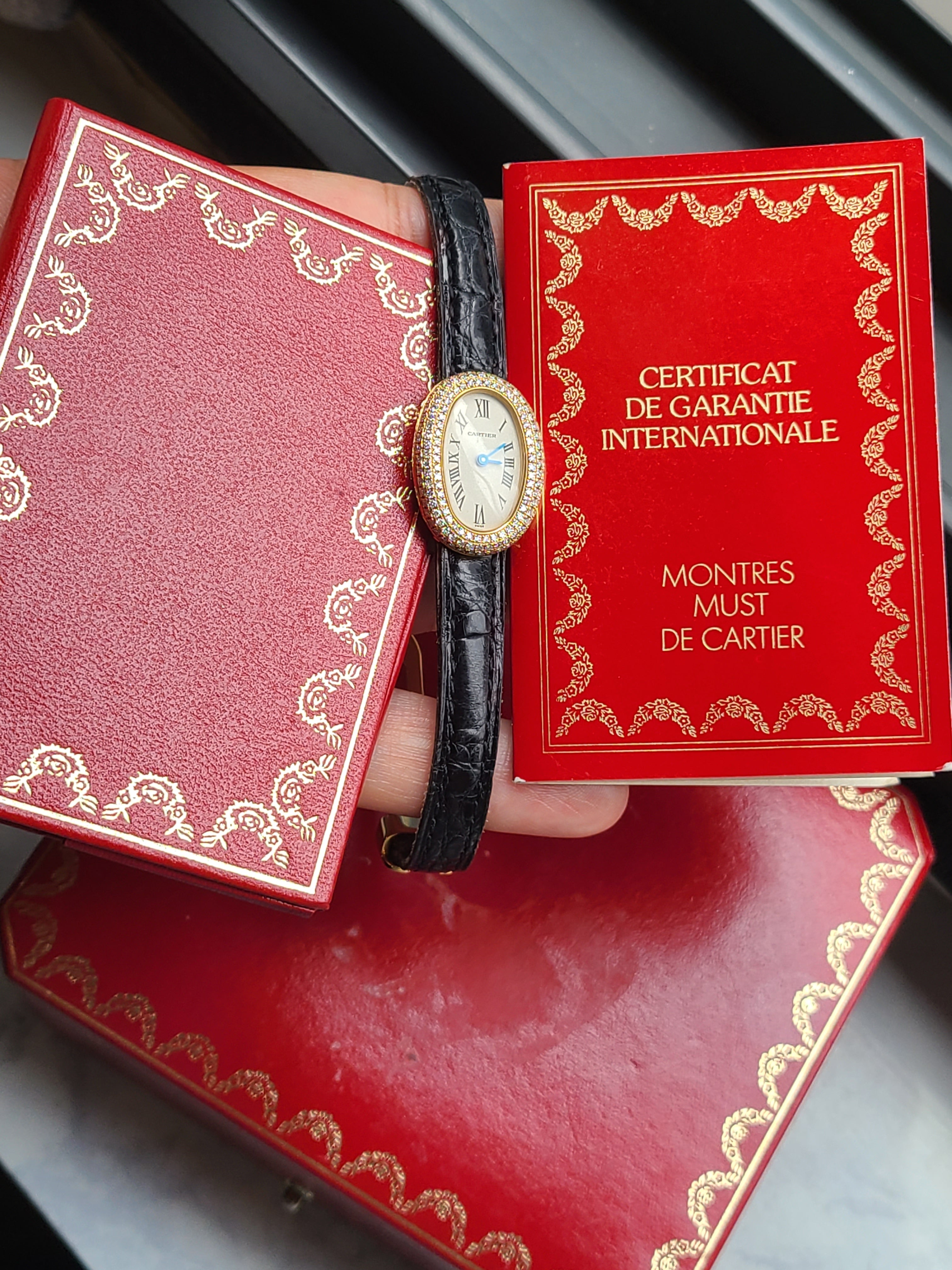 Cartier Baignoire 18K SM 까르띠에 베누아 세줄 풀다이아몬드 18K 옐로우골드 디버클 미니 여성용