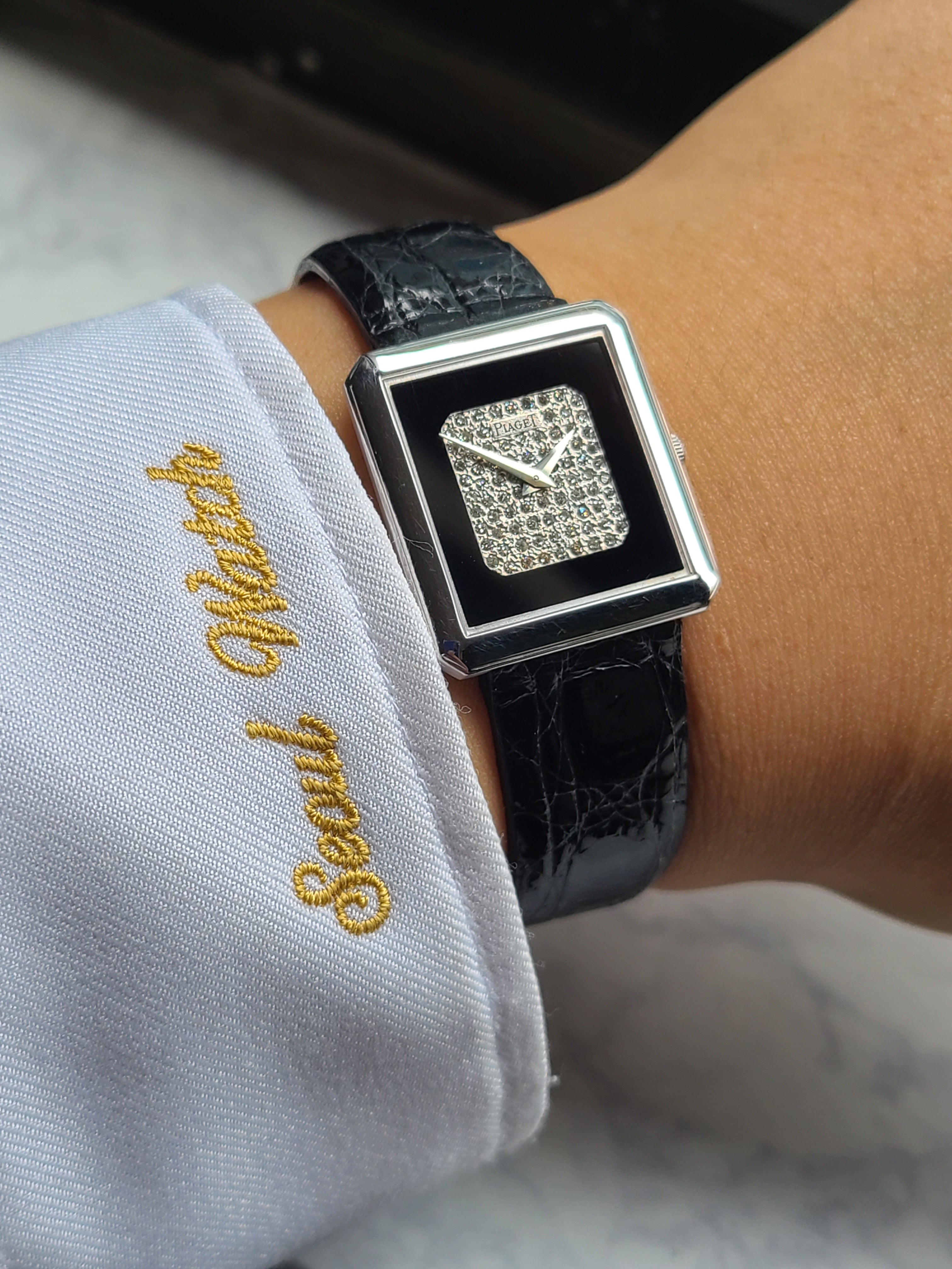 Piaget Square Pave Diamonds 18K WG 피아제 클래식 스퀘어 오닉스 파베 다이아몬드 다이얼 18K 화이트골드 금통 남성용 빈티지