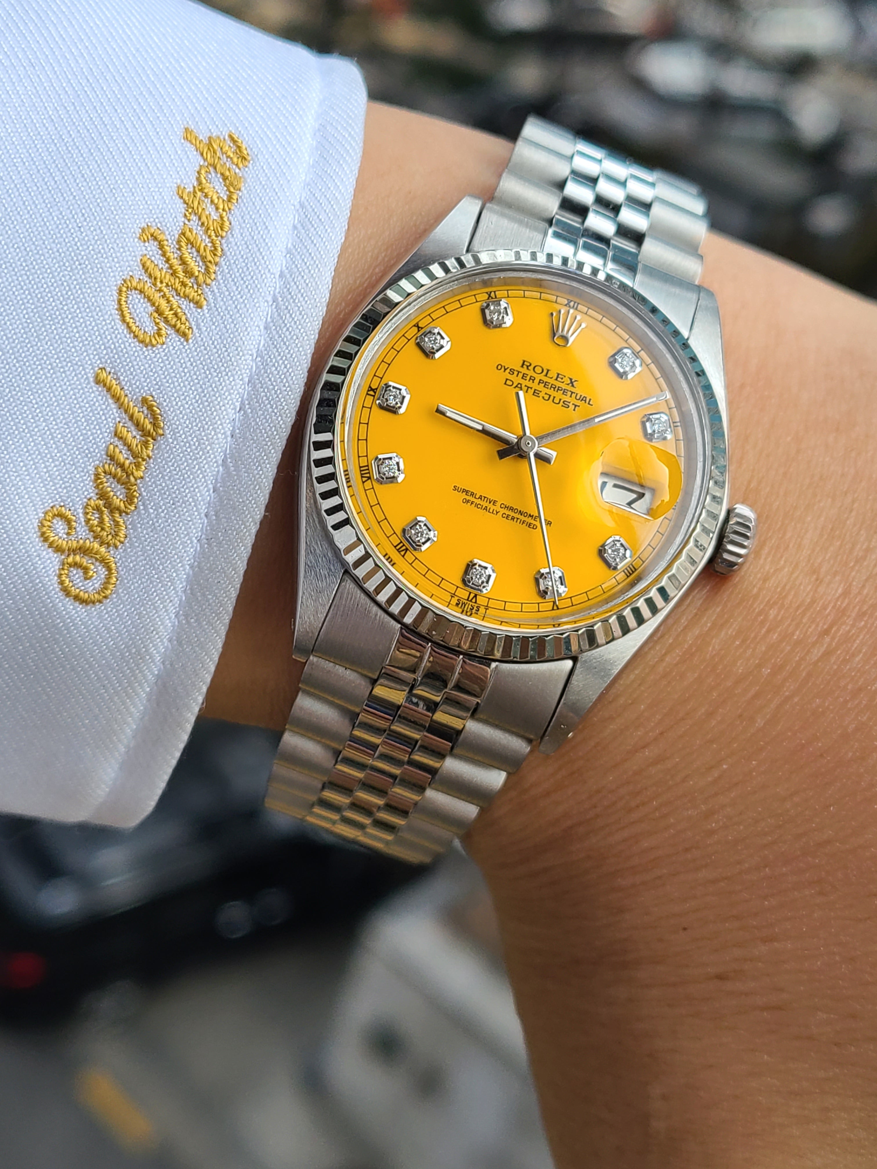 Rolex Datejust Engine-Turned Bezel Yellow Stella 10P Diamond Vintage 롤렉스 데이저스트 엔진턴 베젤 옐로우 스텔라 10P 다이아 빈티지
