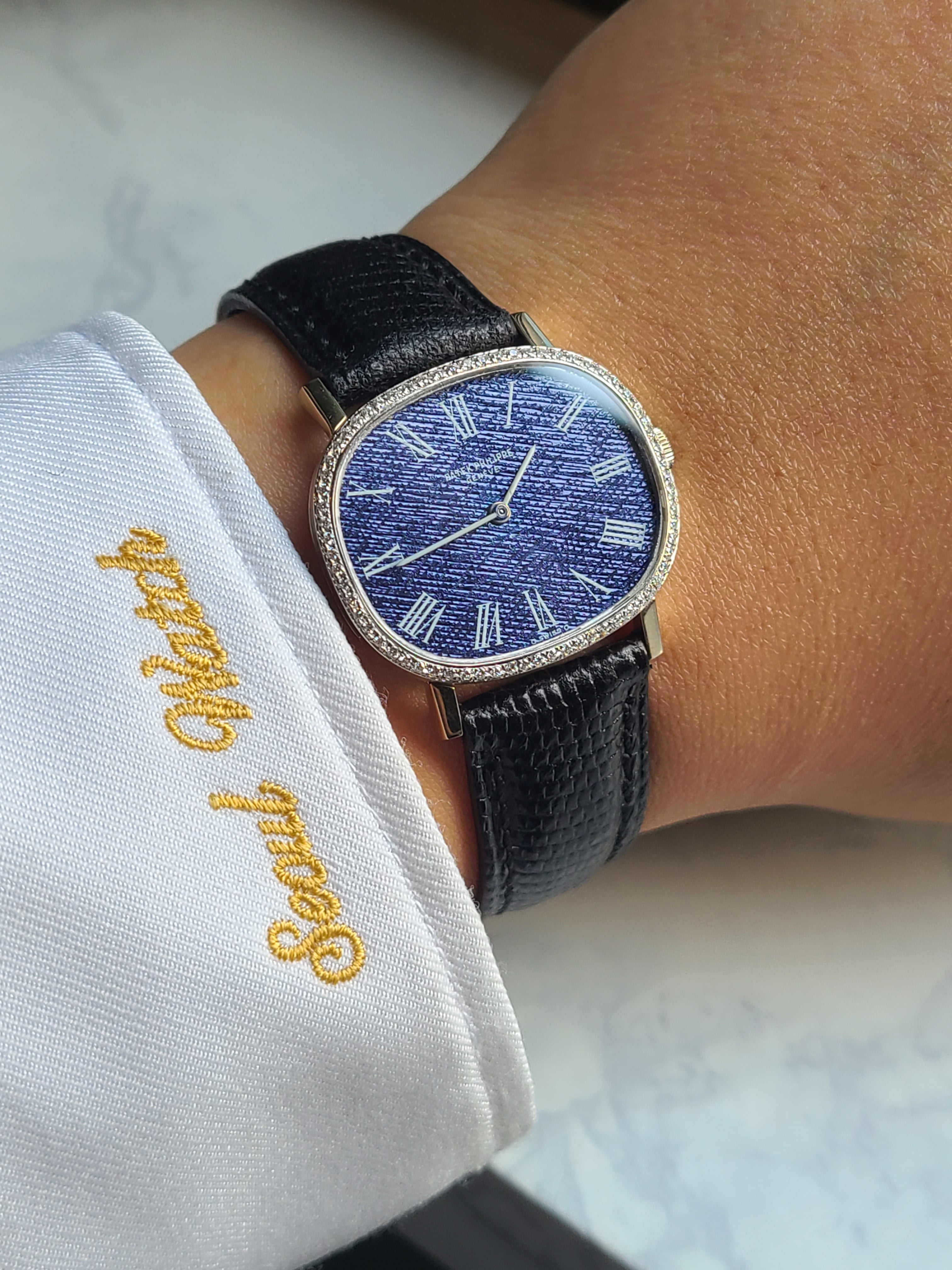 Patek Philippe Golden Ellipse Men's 파텍필립 골든 엘립스 블루 텍스쳐 다이얼 18K 화이트골드 수동 남성