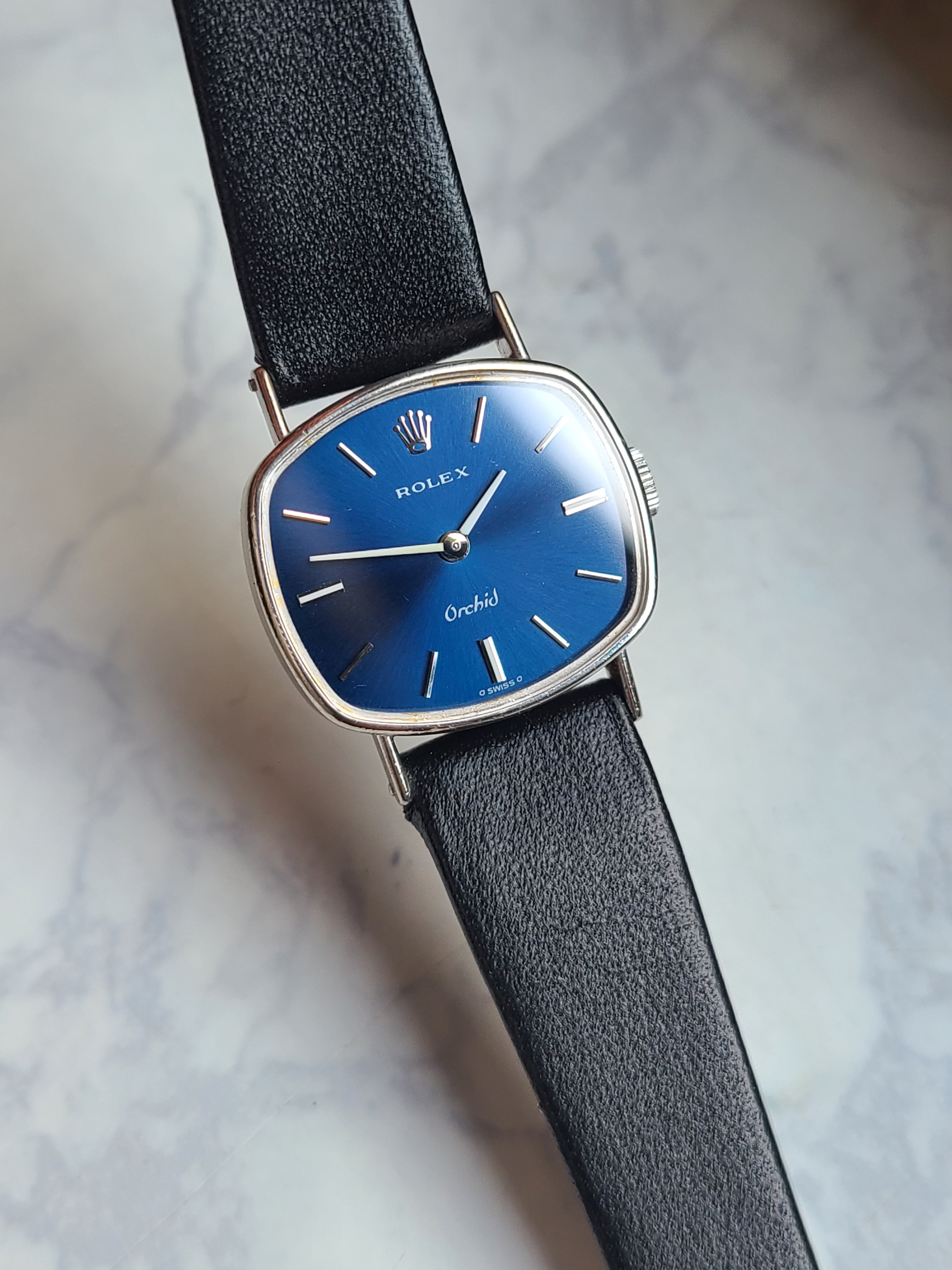 Rolex Cellini Orchid Blue Dial 18K Solid Gold Vintage 롤렉스 여성용 셀리니 오키드 쿠션 블루 18K 화이트골드 금통 빈티지